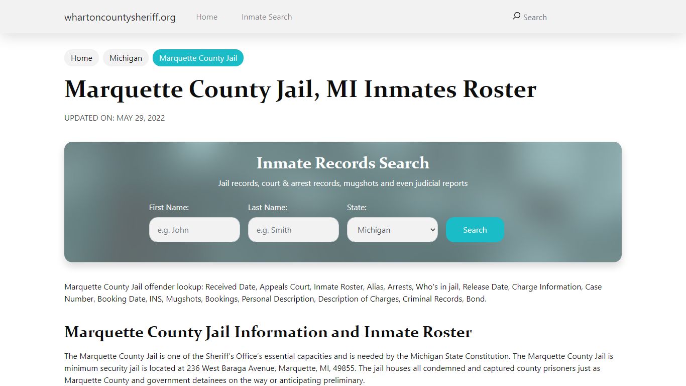 Marquette County Jail, MI Jail Roster, Name Search